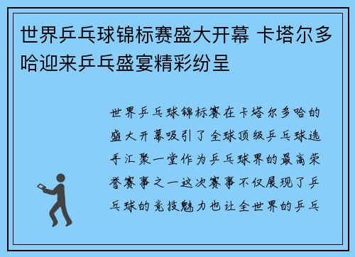 世界乒乓球锦标赛盛大开幕 卡塔尔多哈迎来乒乓盛宴精彩纷呈 世界乒乓球锦标赛盛大开幕 卡塔尔多哈迎来乒乓盛宴精彩纷呈