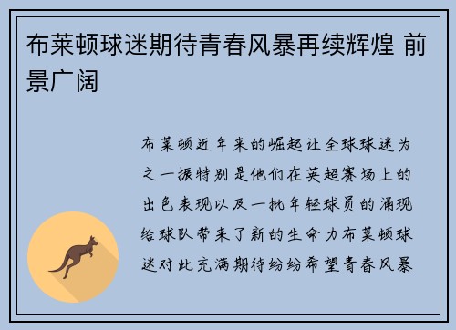 布莱顿球迷期待青春风暴再续辉煌 前景广阔
